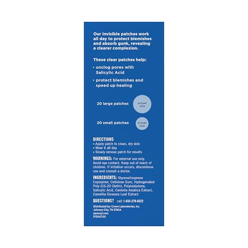 PanOxyl Daytime Invisible Acne Patches, 40ct (20 Large + 20 Small) – Dermatologist-Recommended, Salicylic Acid, Latex-Free