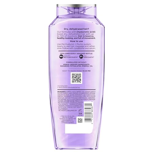 L'Oreal Paris Elvive Hyaluron Plump Hydrating Shampoo for Dehydrated, Dry Hair Infused with Hyaluronic Acid Care Complex, Paraben-Free, 12.6 Fl Oz