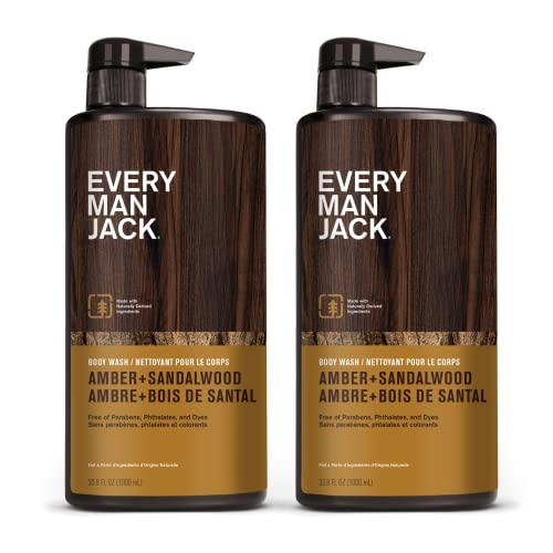 Every Man Jack Amber & Sandalwood Body Wash for Men, 33.8 fl oz, 2-Pack – Nourishing, Hydrating, Naturally Derived Ingredients for All Skin Types