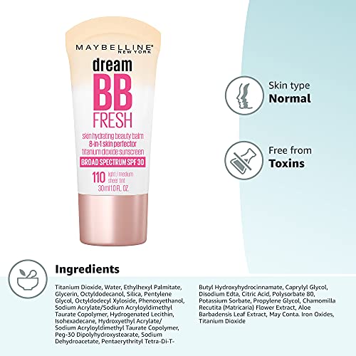 Maybelline Dream Fresh BB Cream 8-in-1 Hydrating Beauty Balm SPF 30, Sheer Tint, Oil-Free, Light/Medium, 1 fl. oz