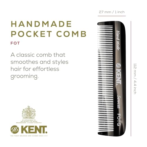 Kent FOT Black Graphite Fine Tooth Pocket Comb for Men – Handmade Travel Comb for Styling, Fine Hair, Beard & Mustache – Saw-Cut, Made in England