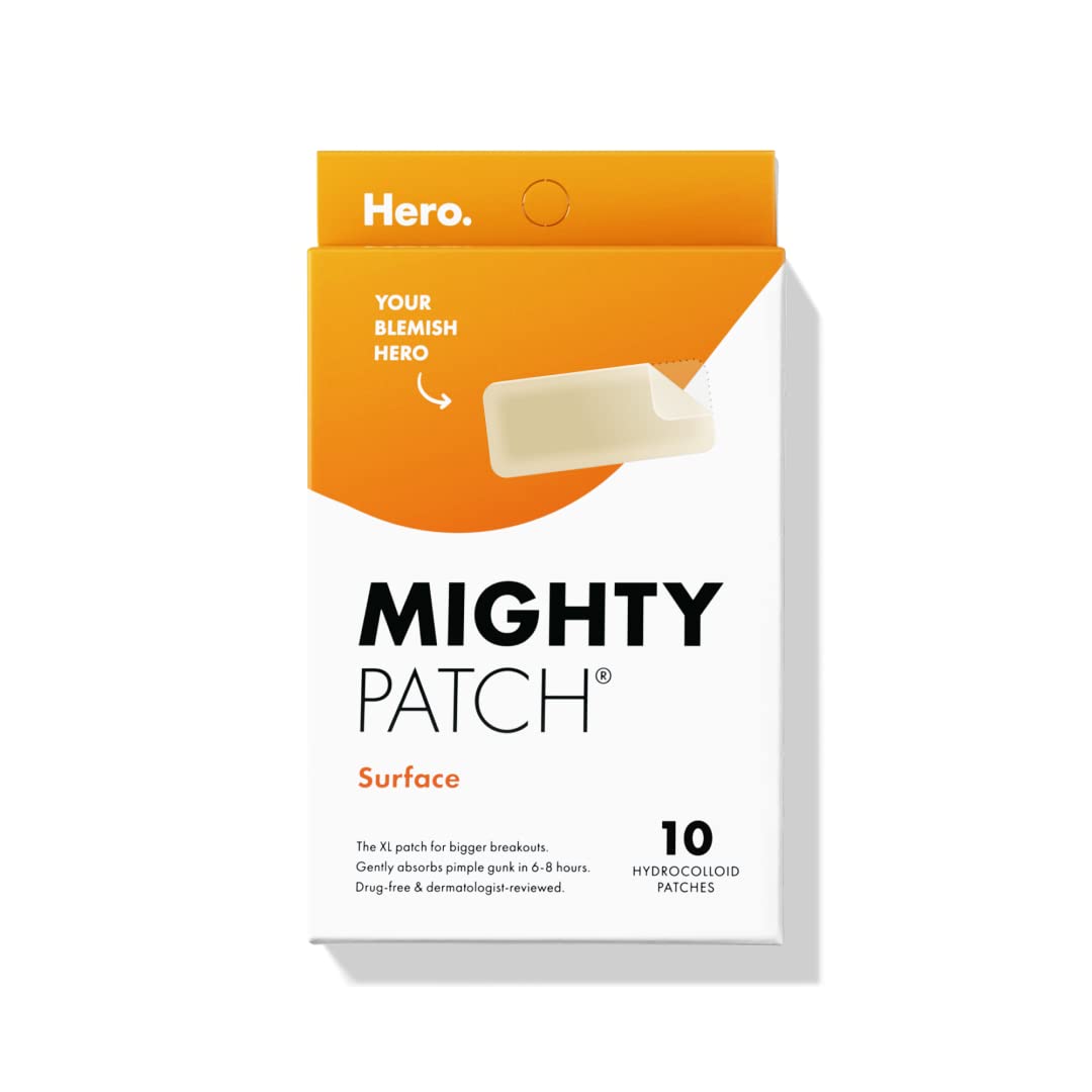 Hero Cosmetics Mighty Patch Surface Large Pimple Patches – Acne Spot Stickers for Face & Body, Hydrocolloid, Vegan, 10 Count