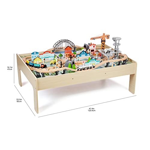 Amazon Basics 120 Piece Wooden Train Set with Table, Sturdy Tracks and Storage Bin, Multi-Activity, Kids Gift for Age 3Y+, 48.62 x 18.07 x 7.01 in