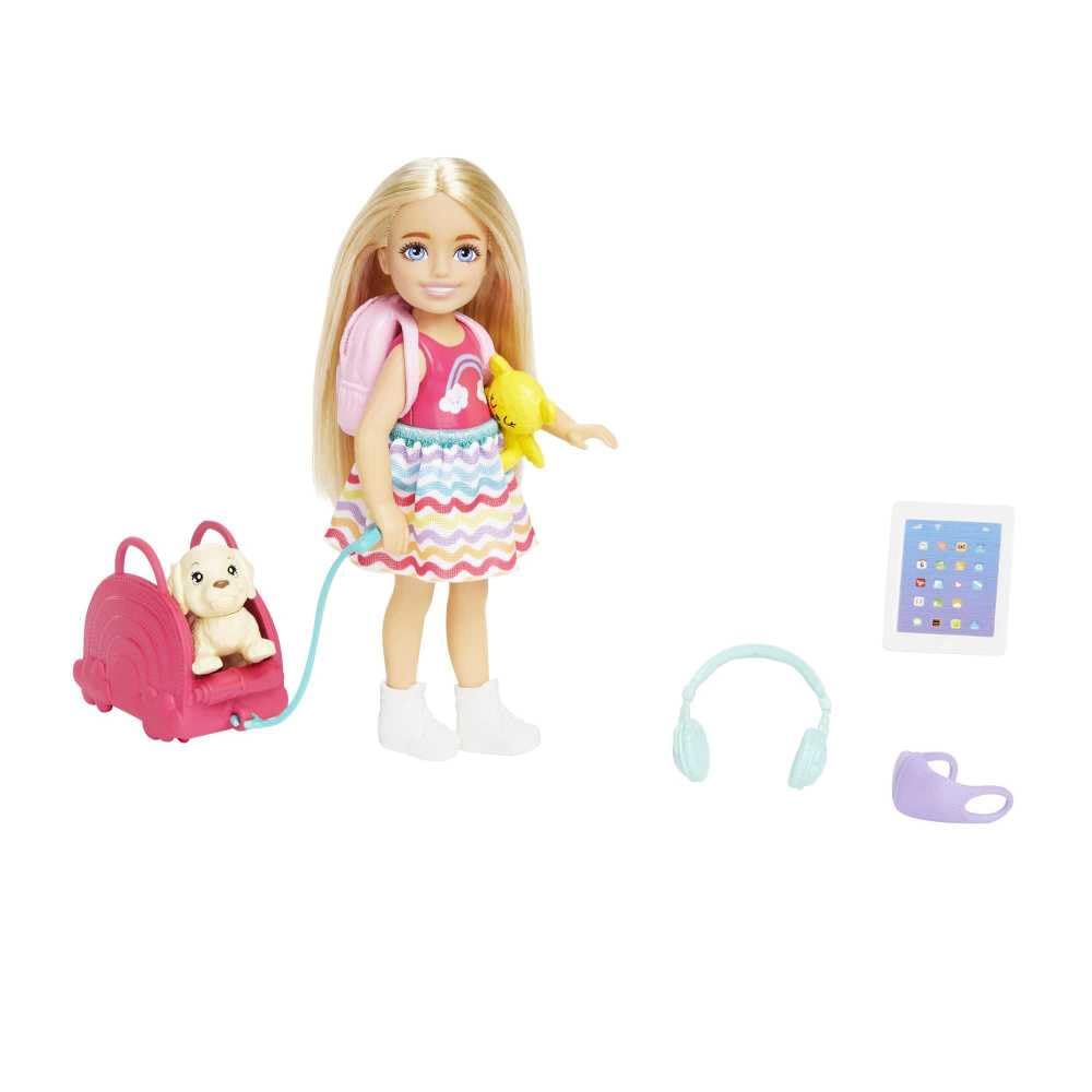 Barbie Chelsea Small Doll & 6 Accessories, Travel Set with Puppy, Pet Carrier & Backpack that Opens & Closes, Blonde Hair