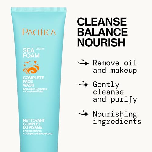 Pacifica Sea Foam Face Cleanser – Gentle Daily Foaming Wash with Coconut Water & Sea Algae, Removes Makeup, Vegan, Oily/Combo Skin