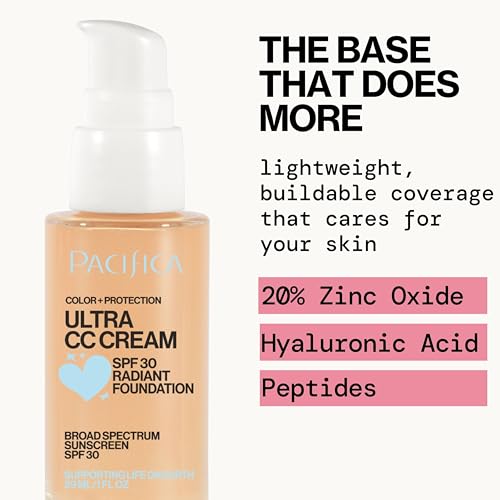 Pacifica Ultra CC Cream Radiant Foundation SPF 17 (Natural Medium) – Medium-Coverage Tinted Moisturizer + Mineral Sunscreen, Dewy Finish, 1 fl oz