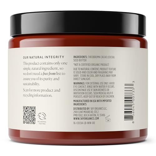 Sky Organics 100% Raw Cocoa Butter – Ultra-Moisturizing, Hydrates & Smooths Skin, Deep Conditioning for Dry or Tight Skin, 16oz