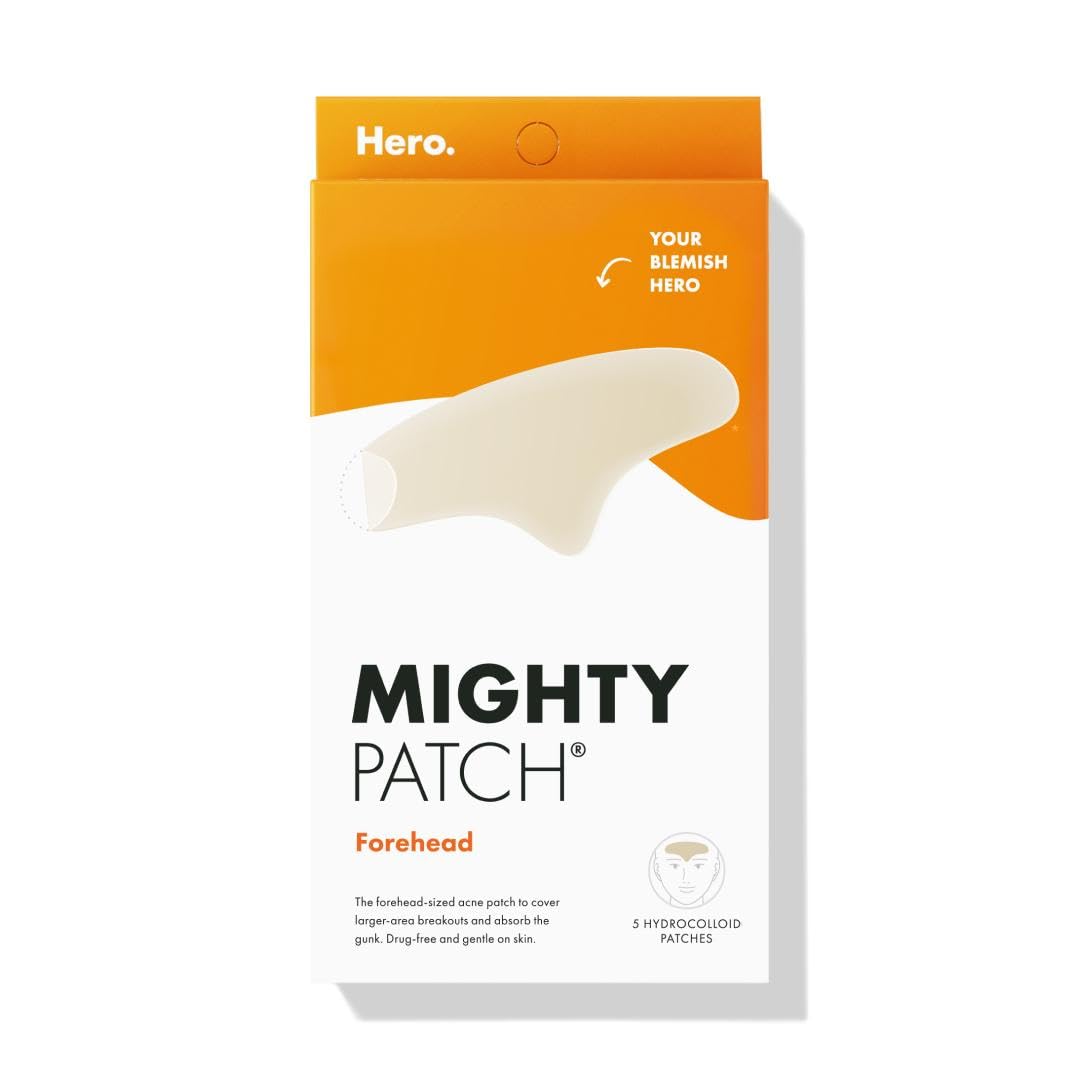 Hero Cosmetics Mighty Patch™ Forehead – Hydrocolloid Acne Patch for Large Zits & Blemishes, Drug-Free, Sensitive Skin Friendly, 5 Count