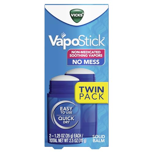 Vicks VapoStick Solid Balm Twin Pack – No-Mess, Non-Medicated Soothing Vapors with Easy No-Touch Applicator, Quick Dry, 1.25oz Each (2 Count)