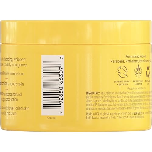 Burt's Bees Boosted Body Whipped Butter with Ceramide, Niacinamide & Peptides, Quick-Absorbing, Skin Barrier Support, Tropical 6.5oz