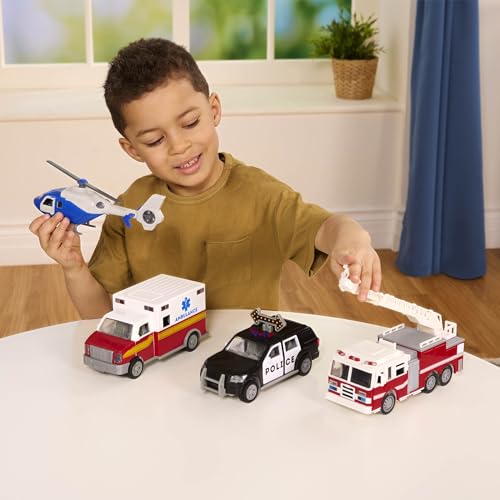 Driven by Battat 4-Pack Construction & Utility Trucks with Lights & Sounds – Cement Mixer, Telehandler, Garbage, Tow & Fire Truck, Ages 3+