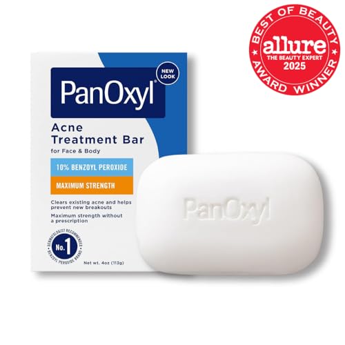 PanOxyl 10% Benzoyl Peroxide Acne Treatment Bar – Maximum Strength Face & Body Wash for Pimples, Blackheads & Whiteheads, 4 oz, Vegan