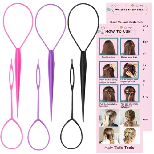 Luumxai 9pcs Topsy Hair Tail Tool & Rat Tail Comb Set with 6pcs French Braiding Rings & 3pcs Metal Parting Combs for Women & Girls (Pink, Purple, Black)