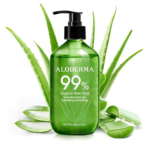 Aloderma 99% Organic Aloe Vera Gel – 17.6oz Pump, Freshly Harvested in 12 Hours, Lightweight, Non-Sticky, Soothes Sunburn, Face & Hair