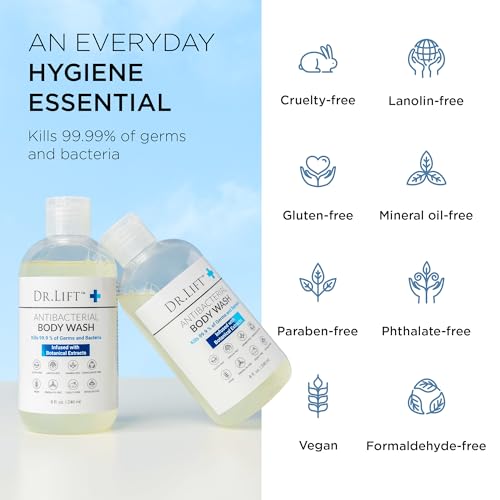 Dr. Lift Antibacterial Body Wash 8oz – Kills 99.9% Germs, Botanical Extracts, Liquid Soap for Men & Women, Made in USA