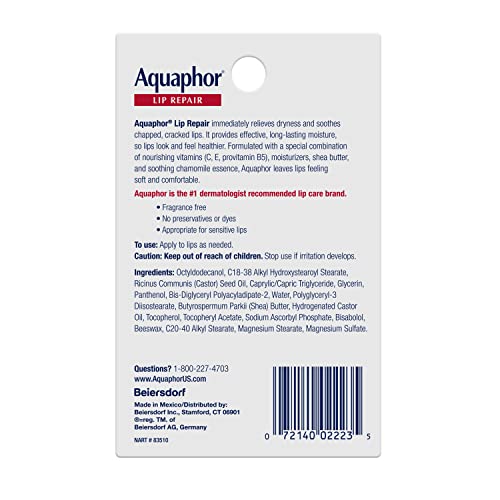 Aquaphor Lip Repair Ointment, Moisturizing Lip Balm Pack, Relieves Dryness, 0.35 Tube, Pack of 2