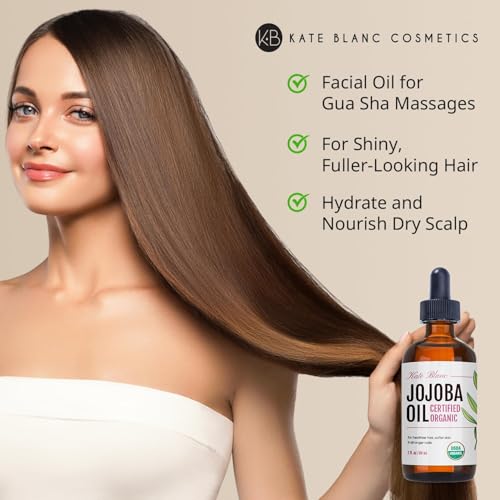 Kate Blanc Cosmetics Jojoba Oil for Softer Hair & Smoother Skin. Gua Sha Oil for Face & Dermaplaning (2oz, Organic, 100% Pure, Natural)