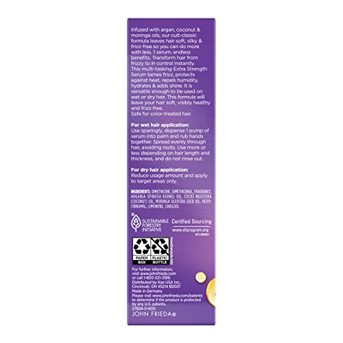 John Frieda Frizz Ease Extra Strength Hair Serum, Smooths & Hydrates Thick, Coarse Hair, Frizz-Free, with Argan, Coconut & Moringa Oil, 1.69 oz