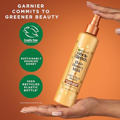 Garnier Whole Blends Hair Honey Milk 450F Heat Protectant Spray, For All Hair Types With Up To 100 Hrs of Frizz Control, 8.5 Fl Oz, 2 Count