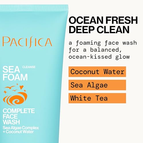 Pacifica Sea Foam Face Cleanser – Gentle Daily Foaming Wash with Coconut Water & Sea Algae, Removes Makeup, Vegan, Oily/Combo Skin