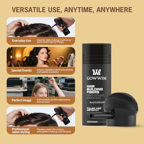 gowwim Hair Thickening Fibers 2-in-1 Kit Keratin Building Fibers, Spray Applicator & Hold Spray - Instantly Volumize Sparse Areas (Black)