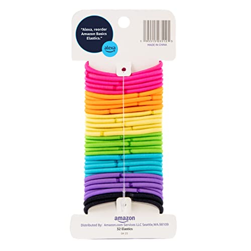 Amazon Basics Pony Tail Hair Ties - Bright 4 MM Elastics for All Types, 32 Count