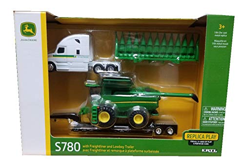 John Deere S780 Combine with Freightliner and Lowboy Trailer 1/64 Scale