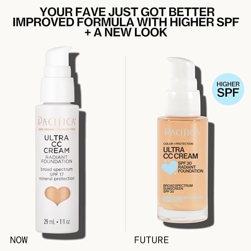 Pacifica Ultra CC Cream Radiant Foundation SPF 17 (Natural Medium) – Medium-Coverage Tinted Moisturizer + Mineral Sunscreen, Dewy Finish, 1 fl oz