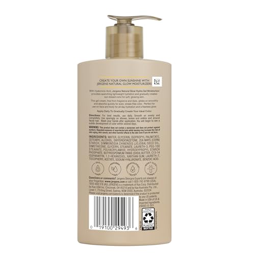 Jergens Natural Glow Hydra Gel Moisturizer with Hyaluronic Acid – Hydrating Self Tanner for Fair to Medium Skin, Fragrance-Free, 8.3 fl oz