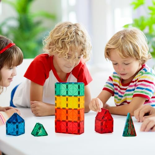 FNJO 110PCS Magnetic Tiles Building Set – STEM Construction Blocks, Montessori Learning & Play Toy for Toddlers, Kids, Preschool