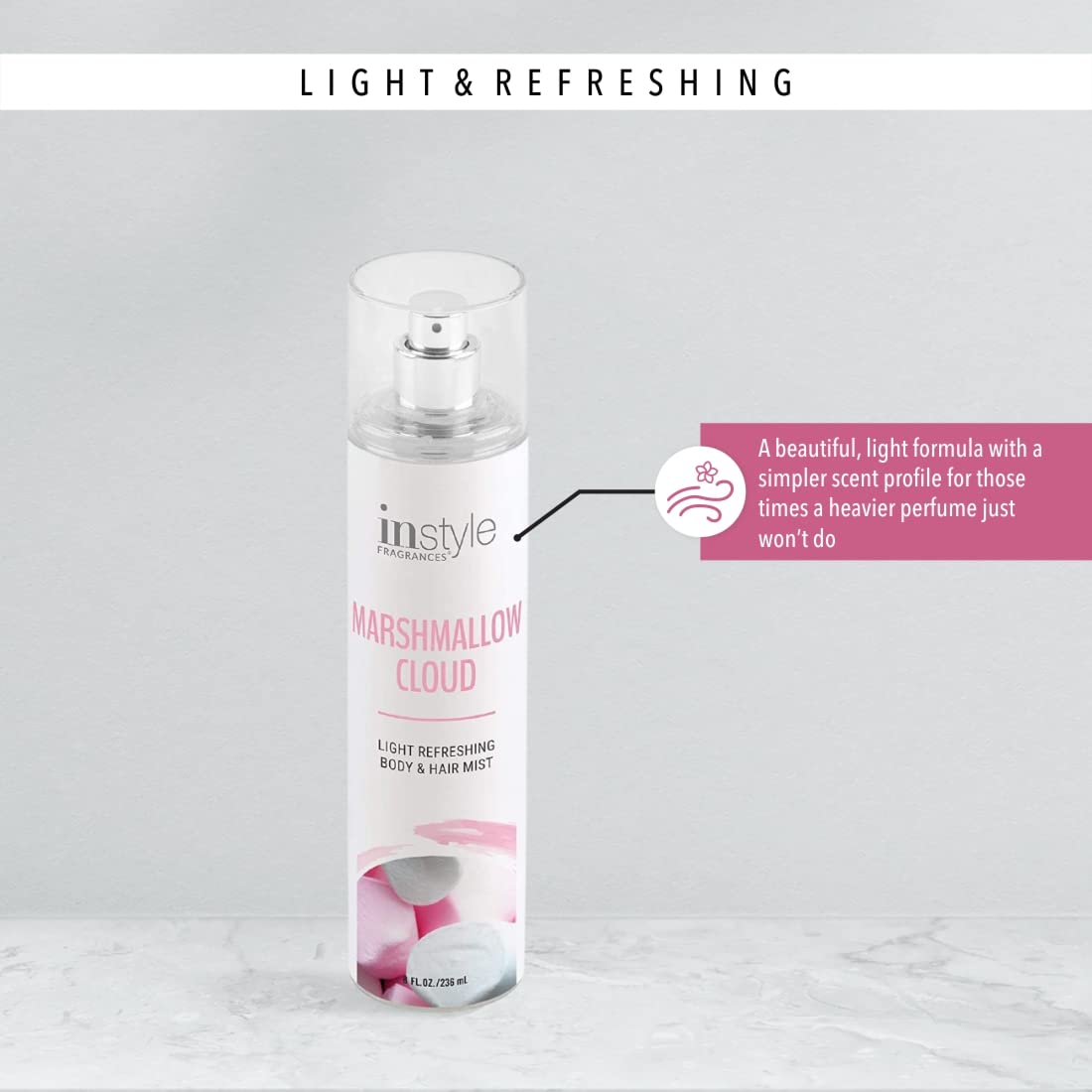 Instyle Fragrances Body & Hair Mist – Marshmallow Cloud Scent, With Panthenol, CLEAN, Vegan, Paraben & Phthalate Free, Premium 8 Fl Oz Spray
