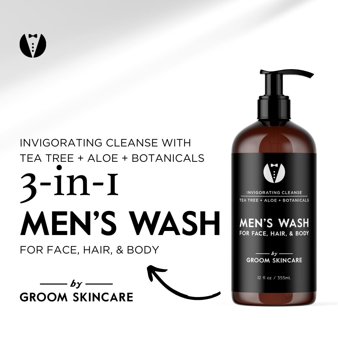 GROOM 3-in-1 Hair, Face & Body Wash for Men – Plant-Based Cleanser with Organic Aloe & Essential Oils – Gentle, Fresh Scent, 12 oz