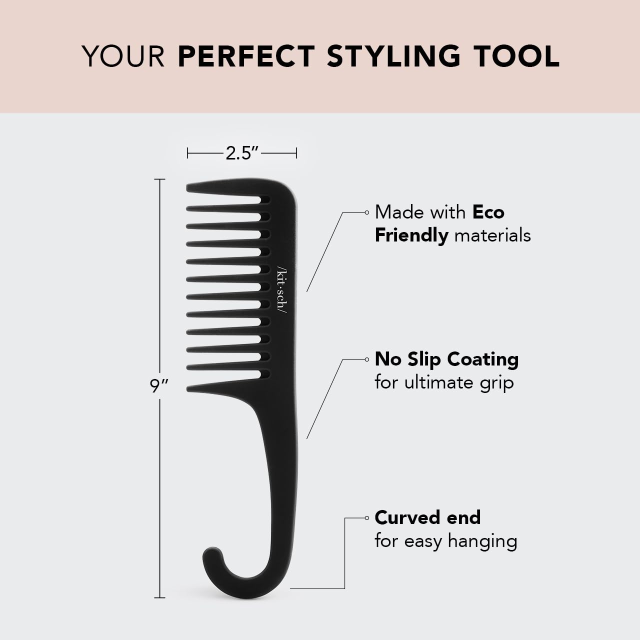 Kitsch Wide Tooth Detangler Comb - Curved Handle for Curly, Wet & Thick Hair, Black Shower Comb for Women