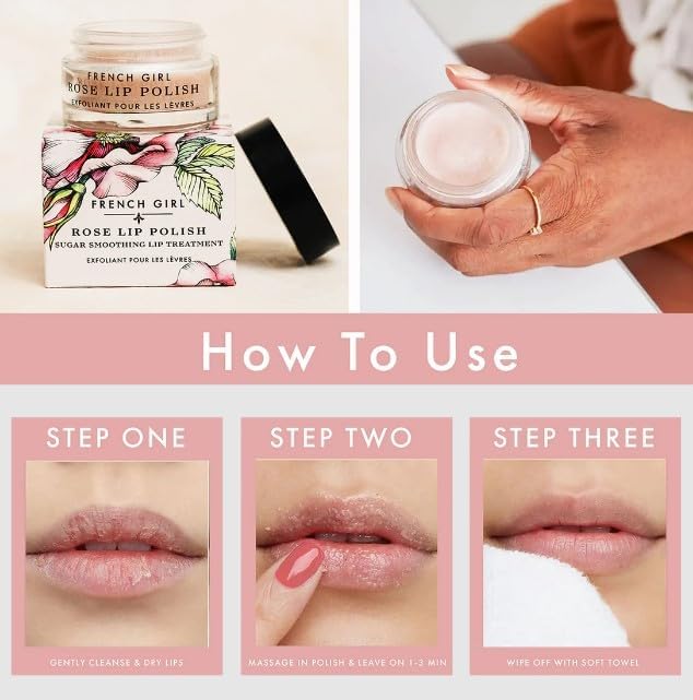 French Girl Rose Lip Scrub, Organic Hydrating Lip Exfoliator & Moisturizer with Shea Butter & Essential Oils, Vegan & Cruelty-Free, 1oz