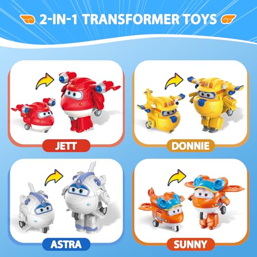 Super Wings 2" Transform-a-Bots 4-Pack – Jett, Donnie, Astra & Sunny Mini Figures, Airplane Toys for Kids 3-5, Transformable Fun Toy