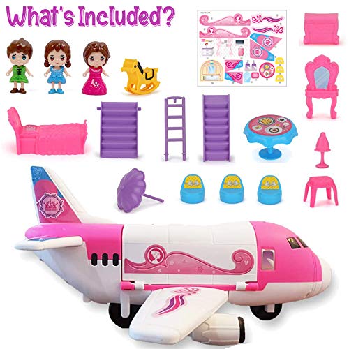 Pink Airplane Toy Private Jet Transport Cargo Vehicle - Big Large Aircraft Plane with Figures and Beauty Accessories Pretend Playset for Toddler Girls