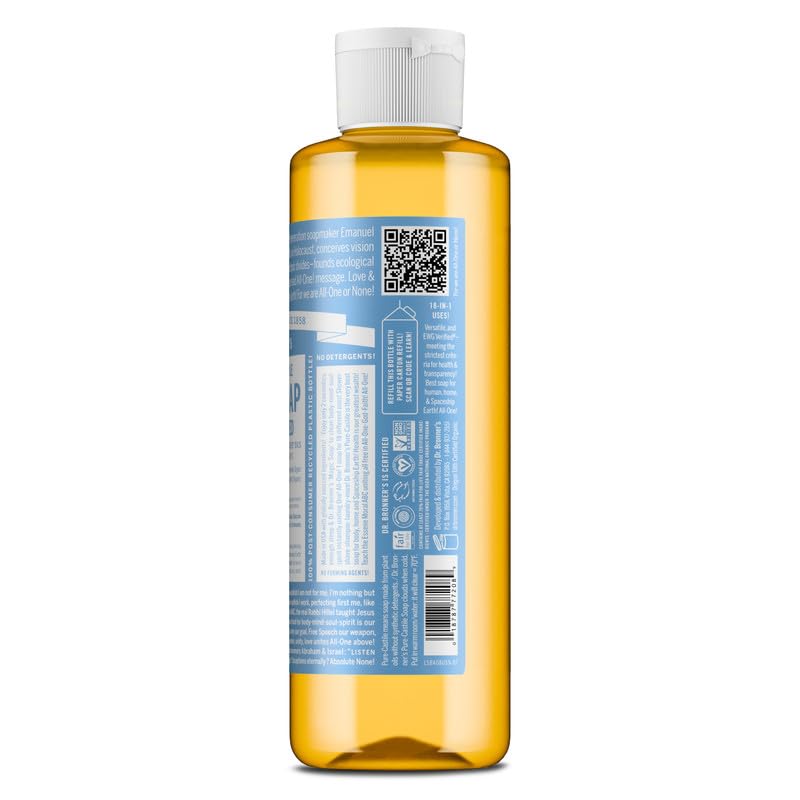 Dr. Bronner's Pure-Castile Liquid Soap, Baby Unscented 8oz – Organic, Fragrance-Free, Vegan, Gentle Face & Body Wash for Sensitive Skin