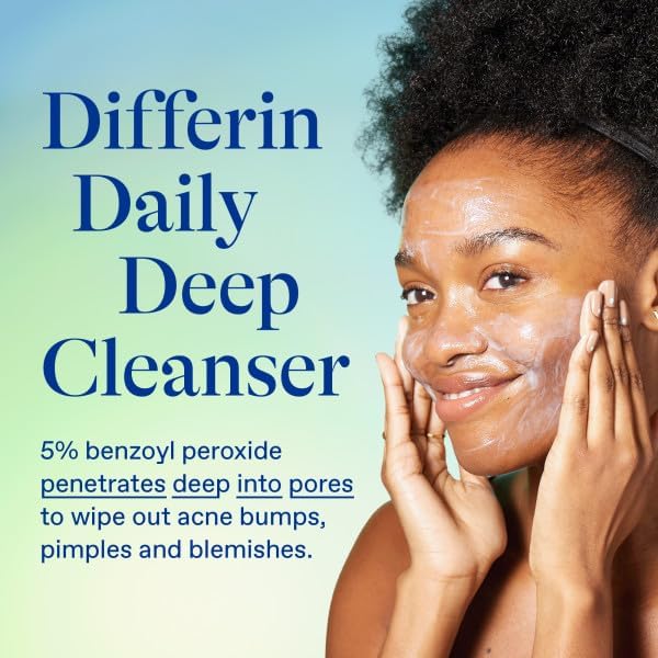 Differin Acne Face Wash 5% Benzoyl Peroxide – Daily Deep Cleanser for Acne-Prone, Sensitive Skin, Gentle Skincare, 4 oz