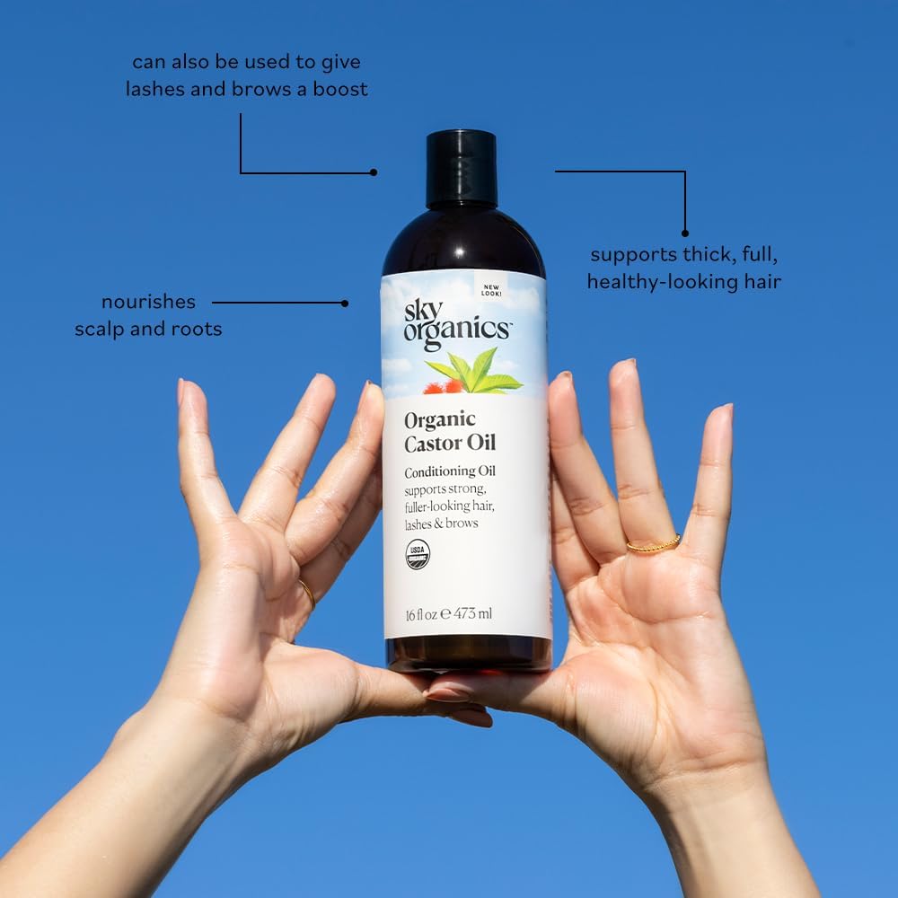 Sky Organics Organic Castor Oil - USDA Certified, Cold Pressed & Hexane Free Hair Growth Oil for Hair, Skin, Face & Eyelashes - Pure Carrier Oil
