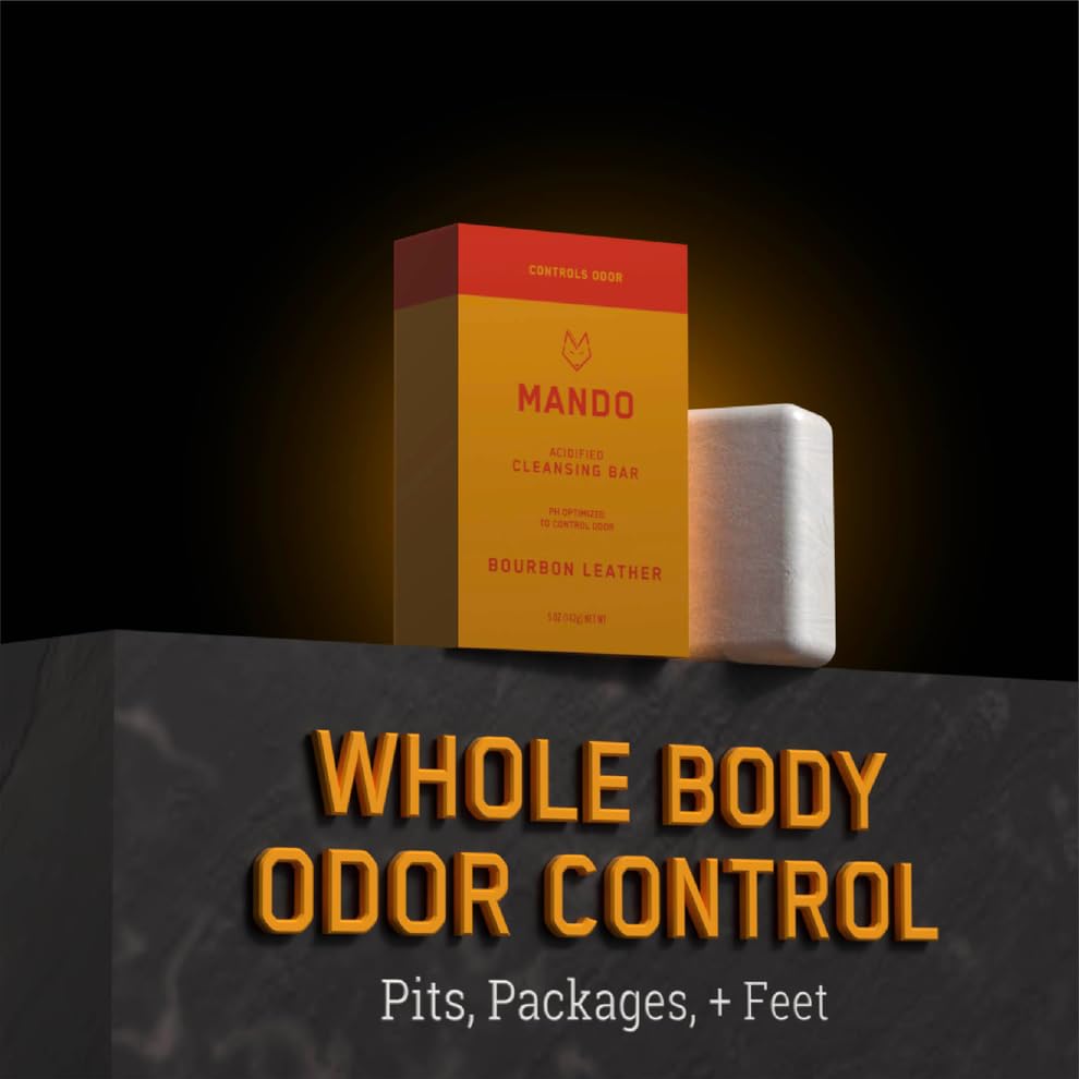 Mando Acidified Cleansing Bar – 24H Odor Control, Moisturizing, SLS & Paraben Free, Gentle on Sensitive Skin – Bourbon Leather Scent