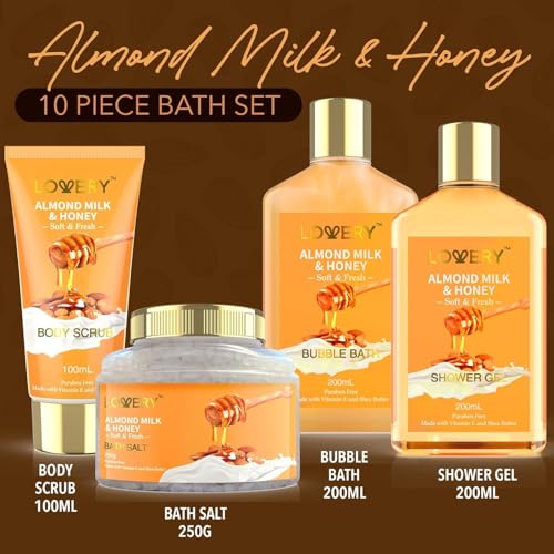 10-Pc Almond Milk & Honey Gift Basket for Women β Spa, Bath & Self-Care Set, Relaxing Pampering Kit for Birthday, Mom, Anniversary