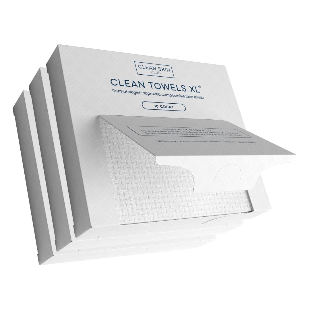 Clean Skin Club Clean Towels XL® – 100% Biobased Disposable Face Towelettes, Eczema-Friendly, Makeup Remover, 30 Count (3 Packs)