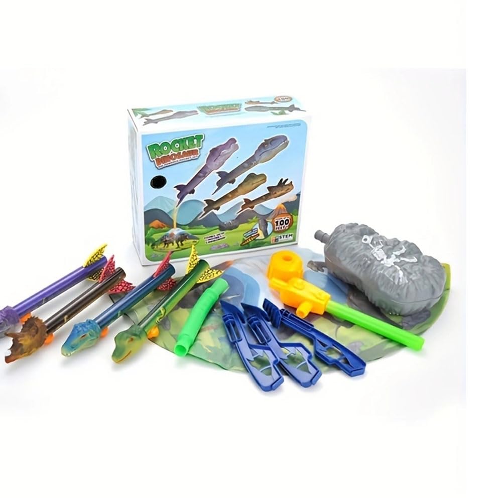 Topnradym Dinosaur Rocket Launcher, 6 Dinosaur Foam Rockets, Launch up to 100 ft, Family Fun, Birthdays, Gift