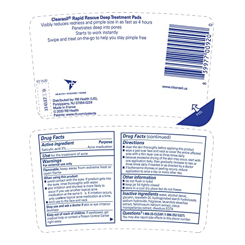 Clearasil Rapid Rescue Deep Treatment Acne Face Pads, Maximum Strenght with 2% Salicylic Acid Acne Treatment Medicine, 90 Count