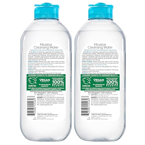 Garnier Micellar Water for Waterproof Makeup - Hydrating Cleanser & Makeup Remover, Sensitive Skin, Vegan, Cruelty-Free, 13.5oz, 2 Pack