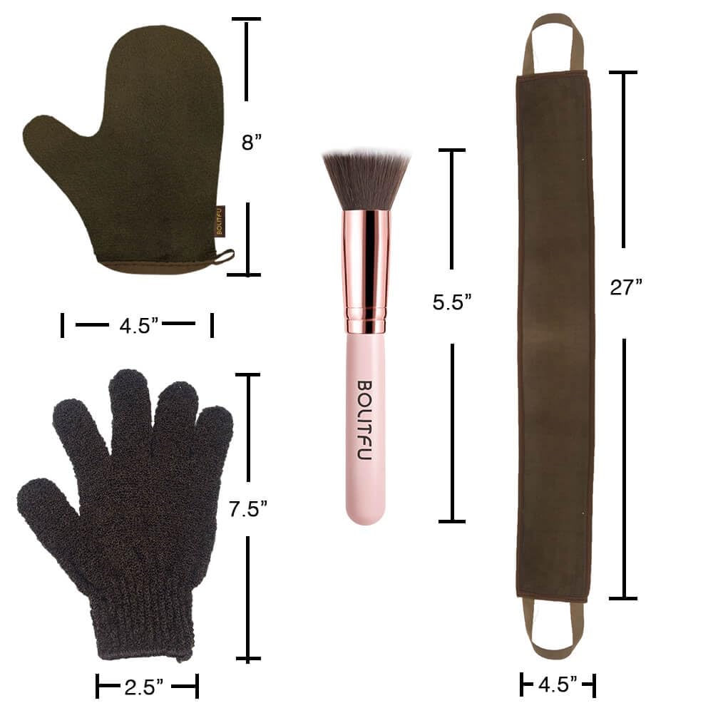 4-Piece Self Tanning Kit – Mitt, Back Applicator, Exfoliating Glove & Face Brush for Even, Streak-Free Sunless Tan (Brown)