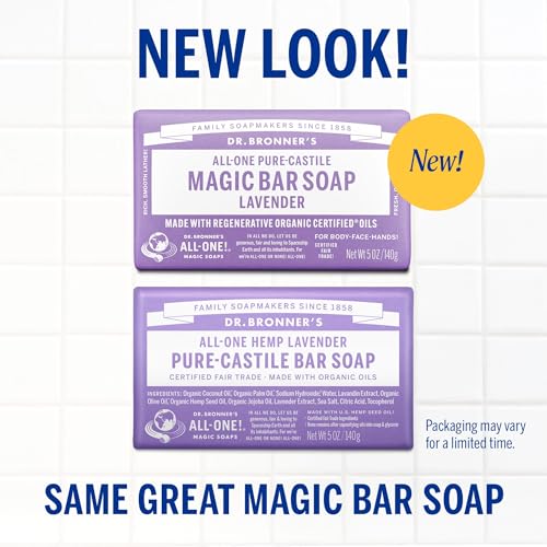 Dr. Bronner's Pure-Castile Lavender Soap Bars, 2 Pack 5oz – Vegan, Gentle on Face, Body & Hair, Made with Organic Certified Oils