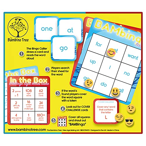 THE BAMBINO TREE Sight Word Bingo Game Levels 1 & 2 - Fun Educational Reading Game for Kids, Kindergarten & 1st Grade - Dolch & Fry Word Lists
