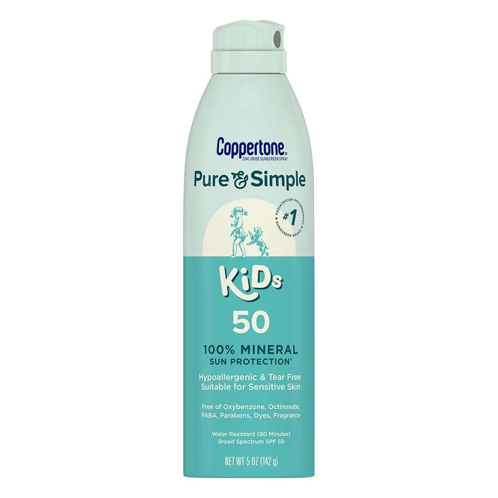 Coppertone Pure and Simple Kids Sunscreen Spray SPF 50, Zinc Oxide Mineral Sunscreen for Sensitive Skin, Hypoallergenic and Tear Free, 5 Oz Can
