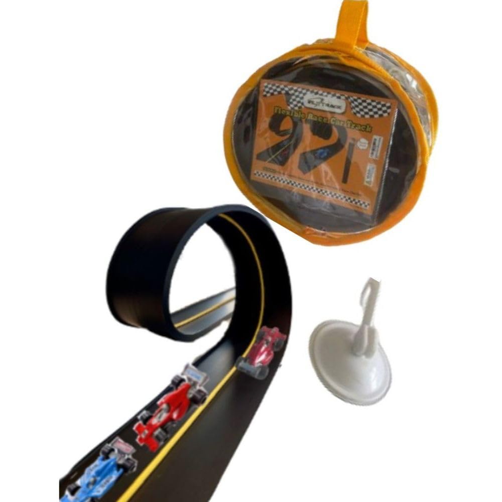 FLXTRACK Flexible Race Car Track Set – 2 Small Cars, Pressure Suction Cups, 2-Lane Slot Track, Zip-Up Bag, 5+ Meters Double-Sided, Montessori Toy